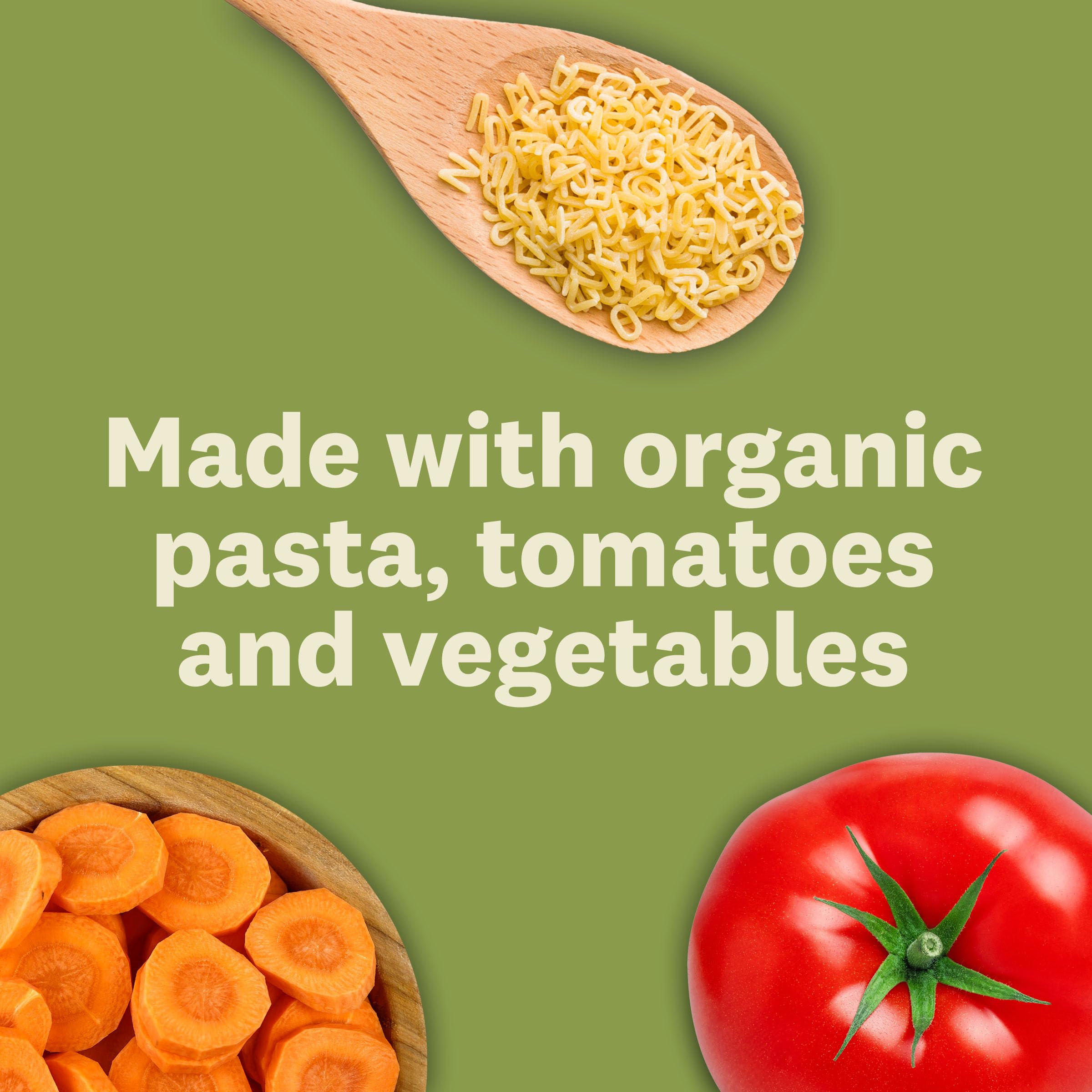 Amy's flatlay of organic vegetables and pasta showing quality ingredients