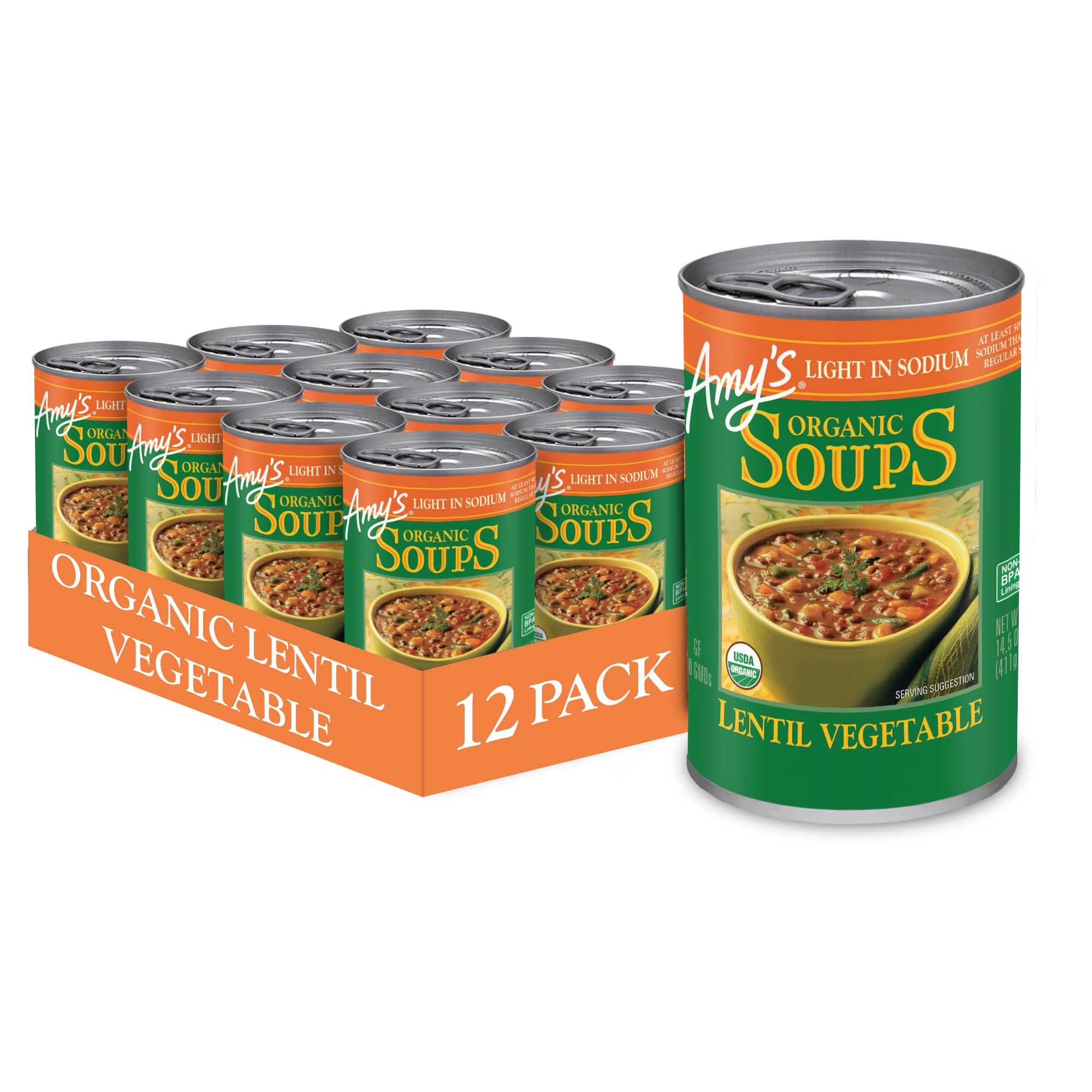 Amy's front packaging of lentil vegetable soup showing can and label benefit convenience