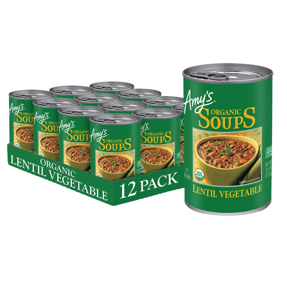 Amy's front packaging of lentil vegetable soup showing label and can design