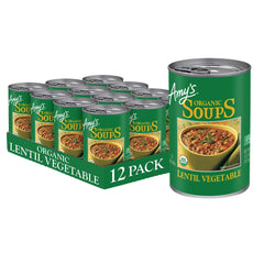 Amy's front packaging of lentil vegetable soup showing label and can design