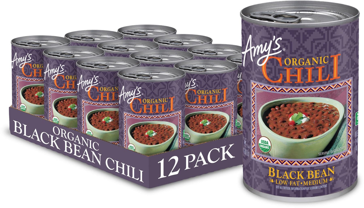 Amy's front can view showing medium black bean chili, convenient pantry meal