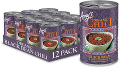 Amy's front can view showing medium black bean chili, convenient pantry meal