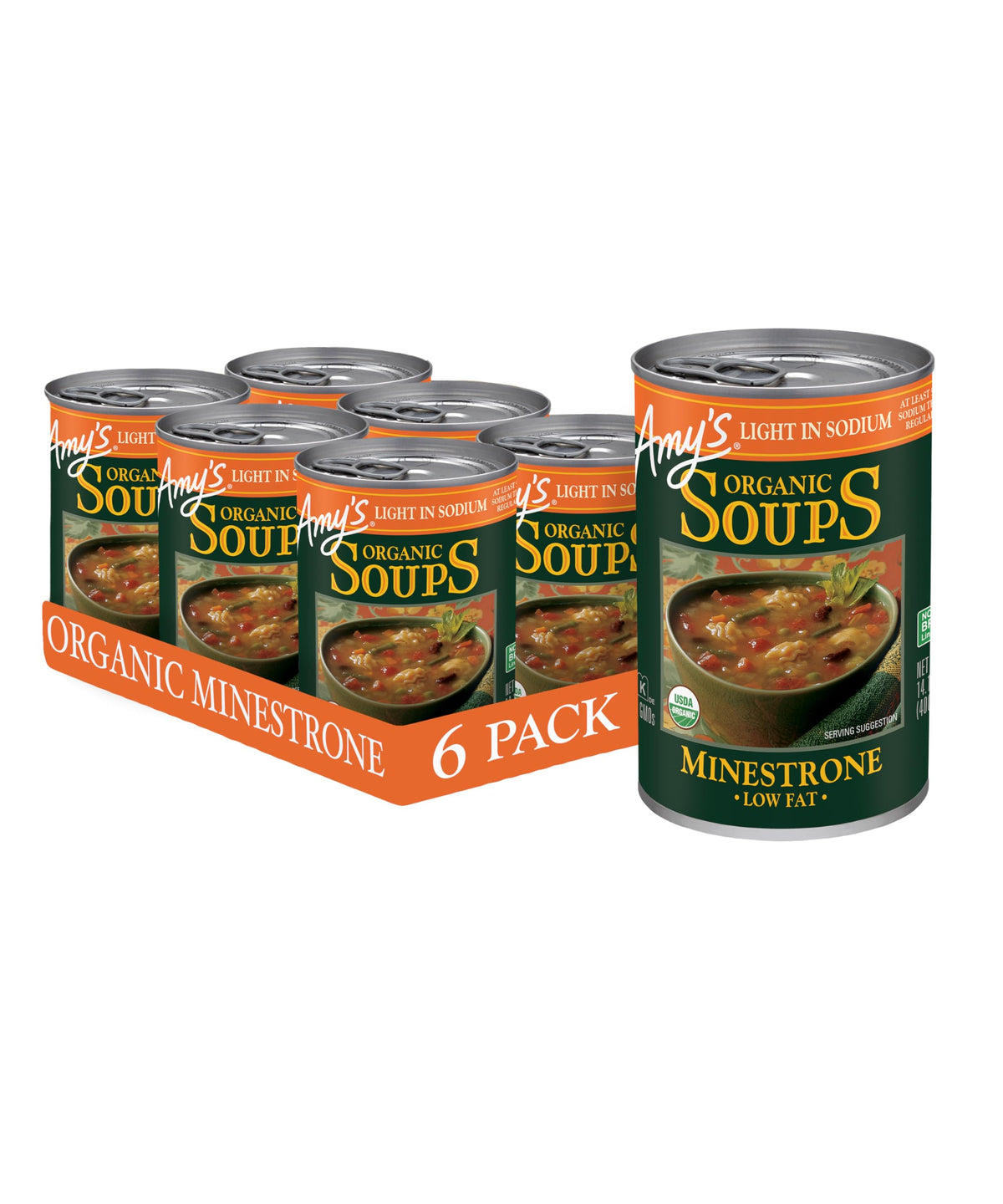 Amy's front can view showing organic minestrone branding and convenience