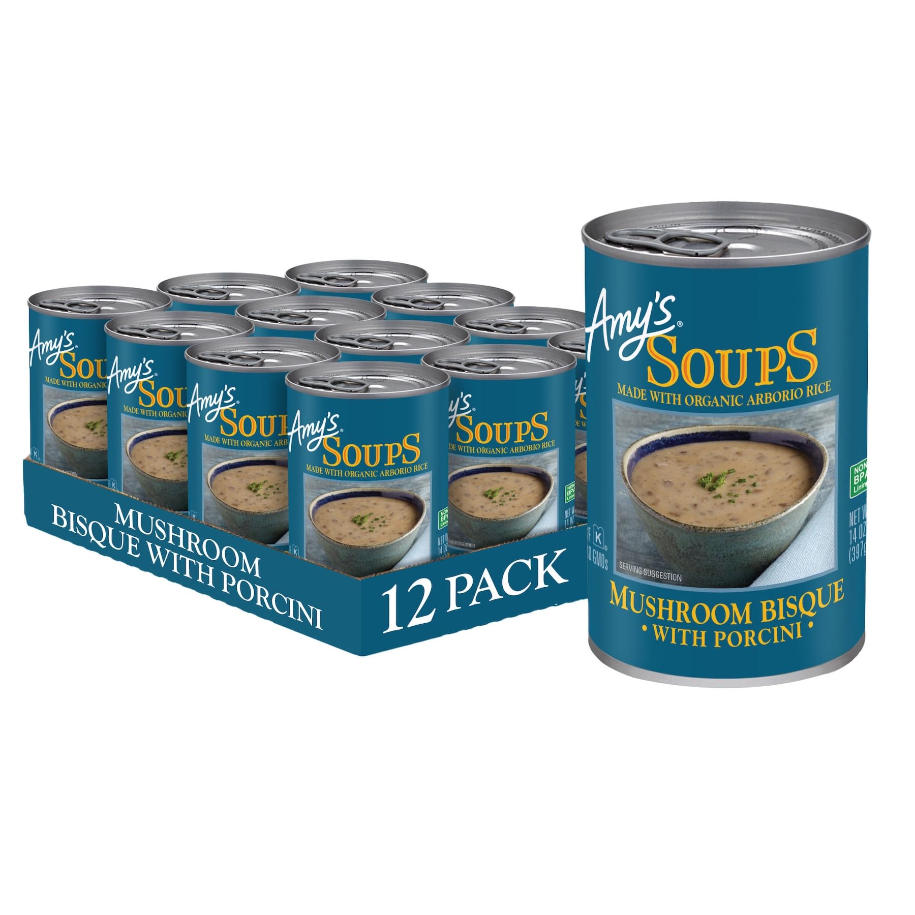 Amy's front can showing mushroom bisque and pack details for easy pantry choice