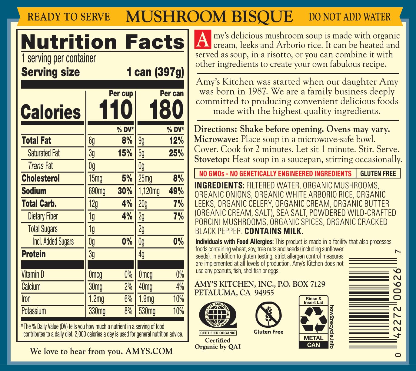 Nutrition panel and certifications on Amy's can emphasizing gluten-free and non-GMO