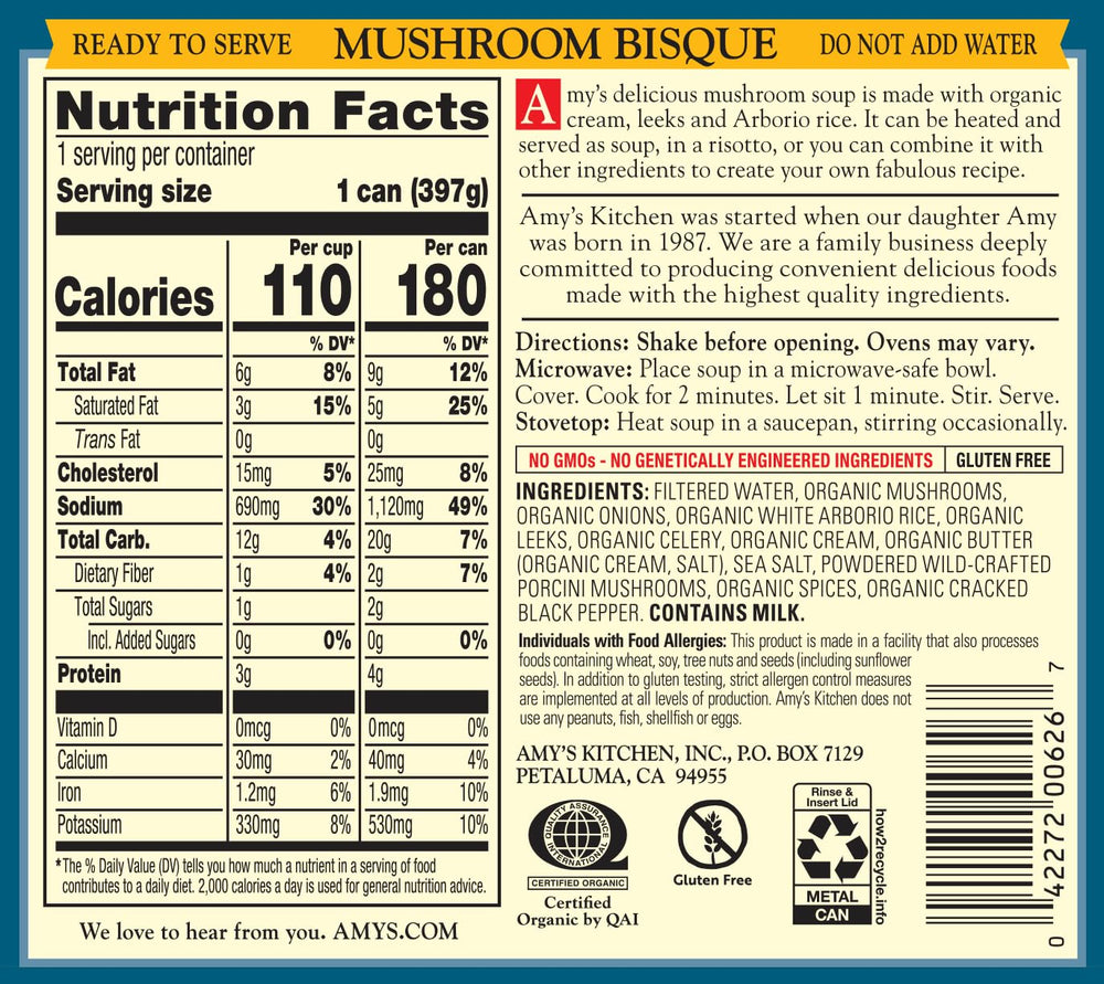 Nutrition panel and certifications on Amy's can emphasizing gluten-free and non-GMO