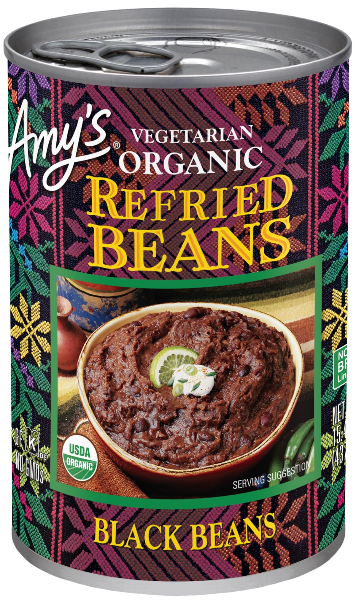 Amy's front packaging of refried black beans showing organic label and convenience