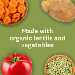 Amy's organic ingredients: lentils, carrots and tomatoes displayed for freshness benefit
