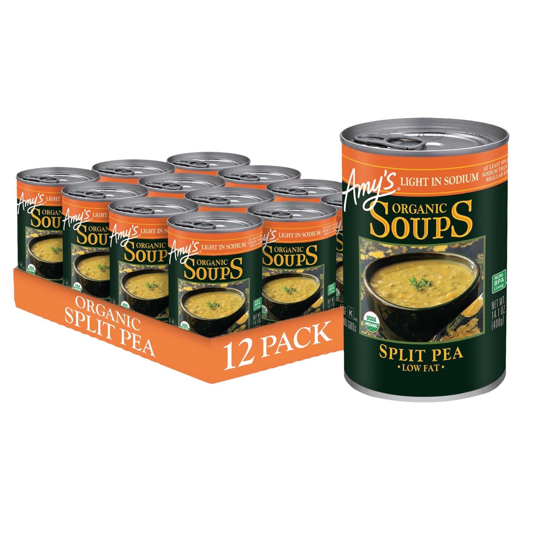 Amy's front packaging showing 12-pack and organic label benefit