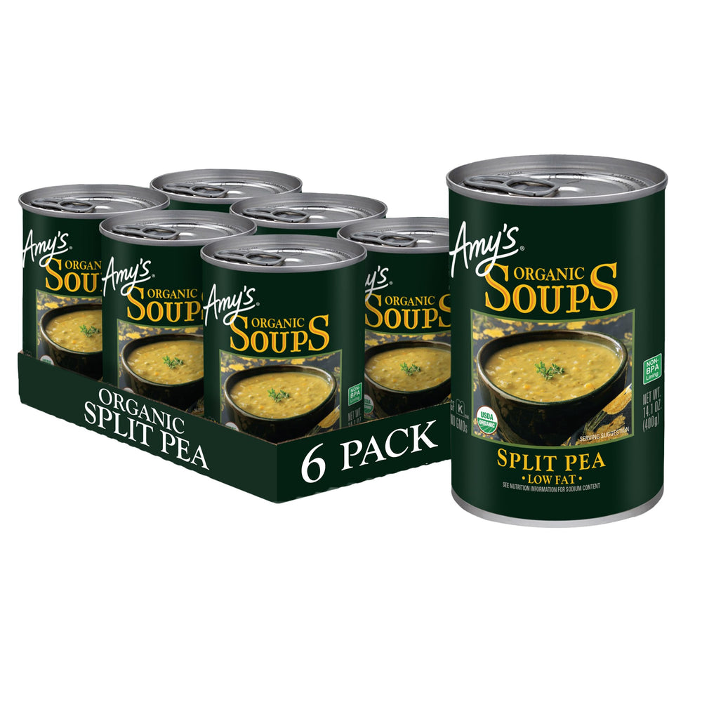 Amy's front packaging showing the six-pack and organic label benefits
