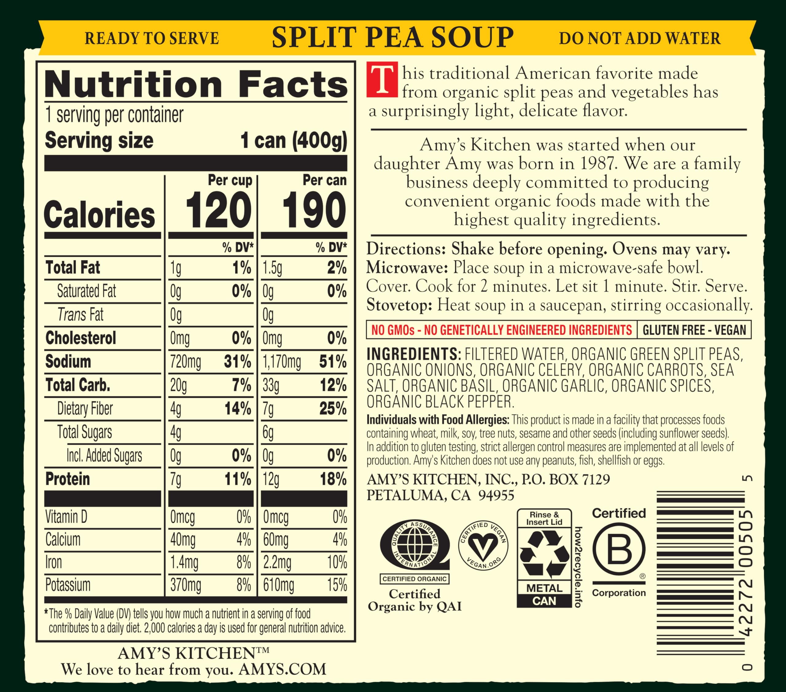 Amy's nutrition label close-up highlighting protein and fiber per serving