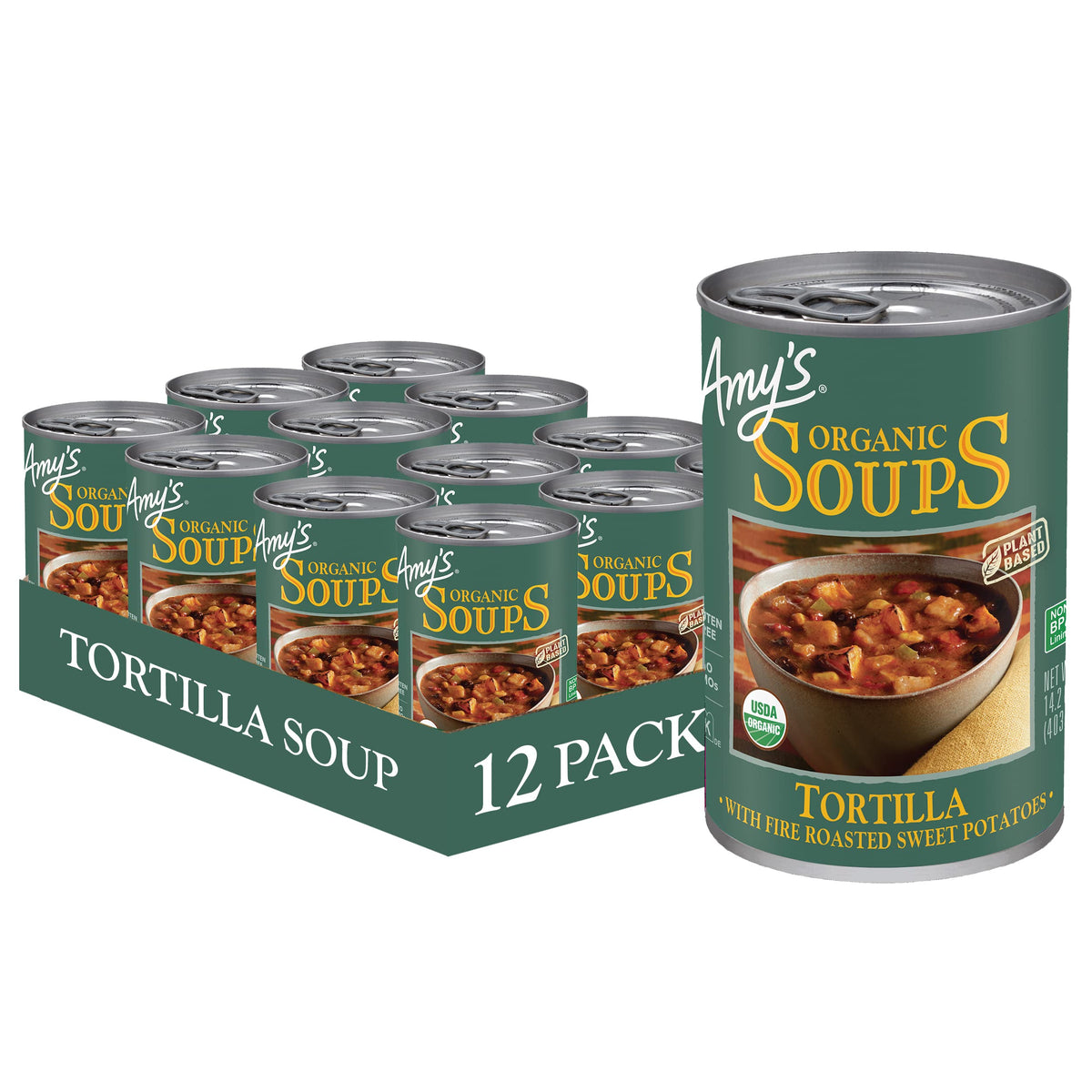 Amy's can front view showing organic tortilla soup, clear ingredient benefits