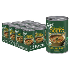 Amy's front packaging showing organic vegetable barley soup benefits