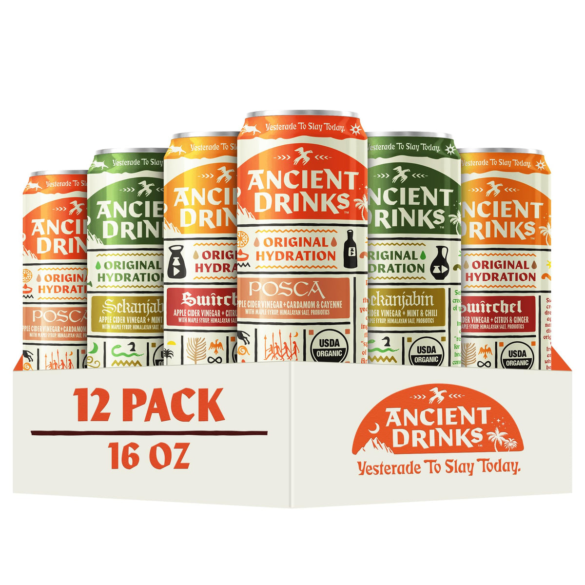 ANCIENT DRINKS variety pack front view showing three 16 oz bottles and clear labeling for easy selection