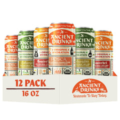 ANCIENT DRINKS variety pack front view showing three 16 oz bottles and clear labeling for easy selection
