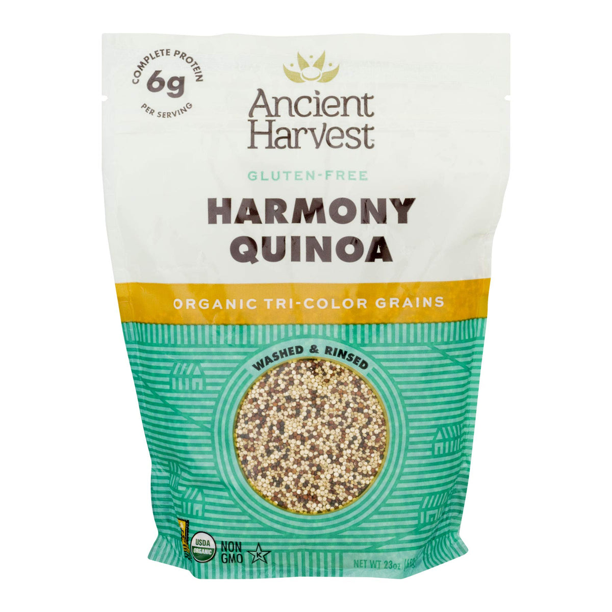 Ancient Harvest front packaging showing tri-color quinoa for convenient storage