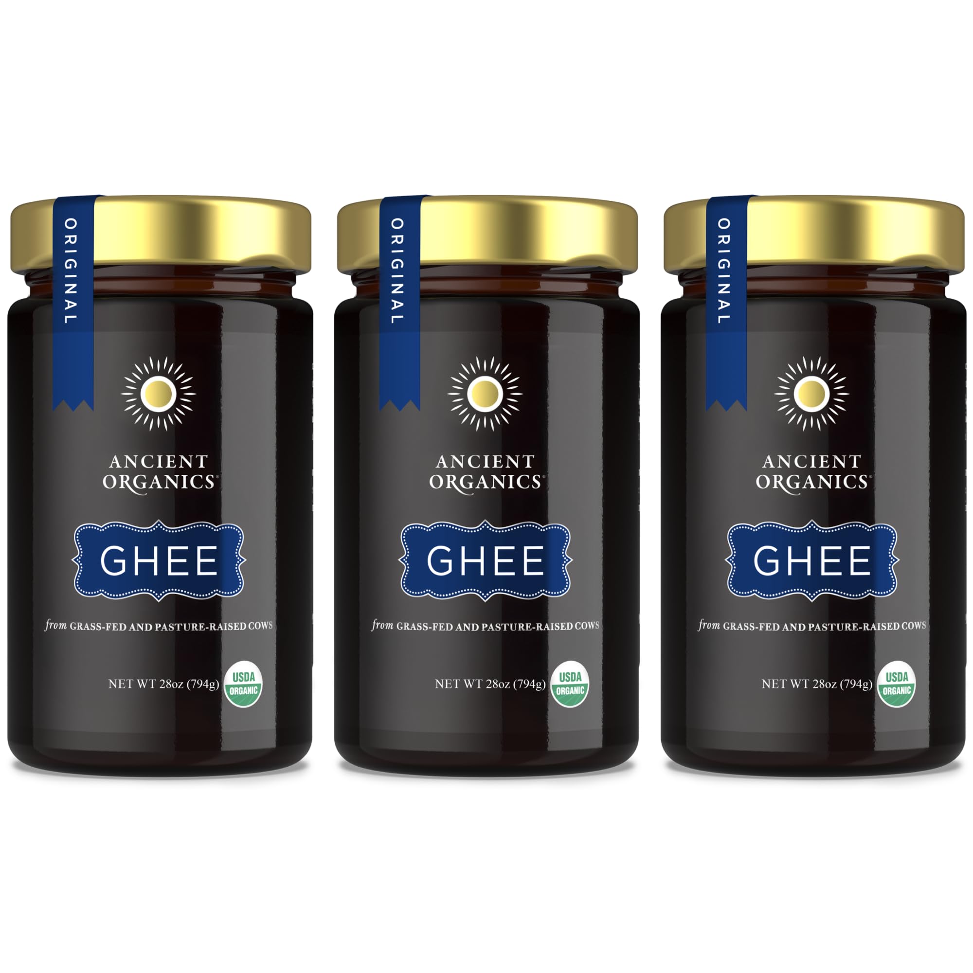 Ancient Organics front packaging of 28 oz jar showing label and certifications