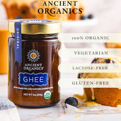 Ancient Organics ghee melting in skillet illustrating high-heat stability for searing