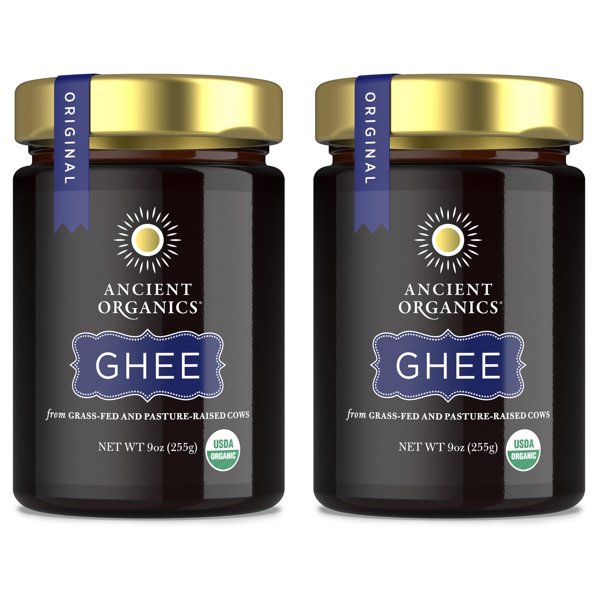 Ancient Organics ghee front packaging showing jar and product benefit rich flavor