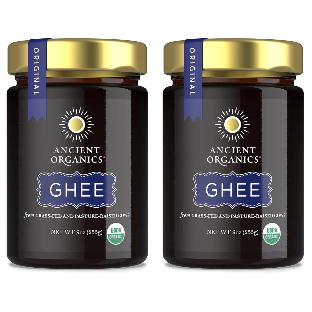 Ancient Organics ghee front packaging showing jar and product benefit rich flavor