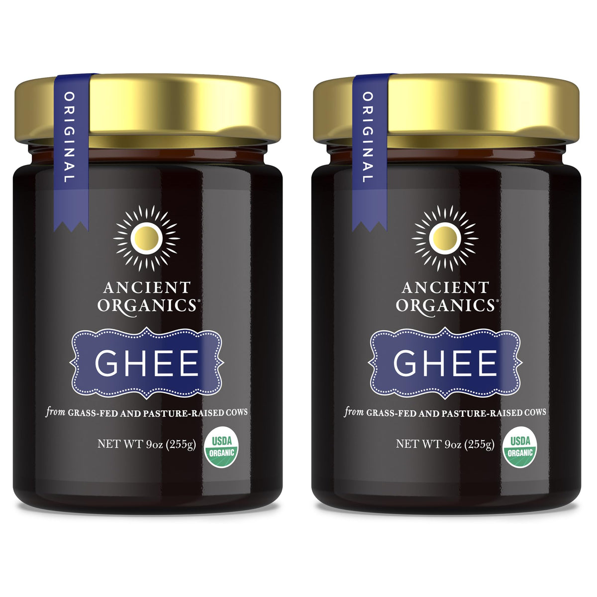 Ancient Organics ghee front packaging showing jar and product benefit rich flavor