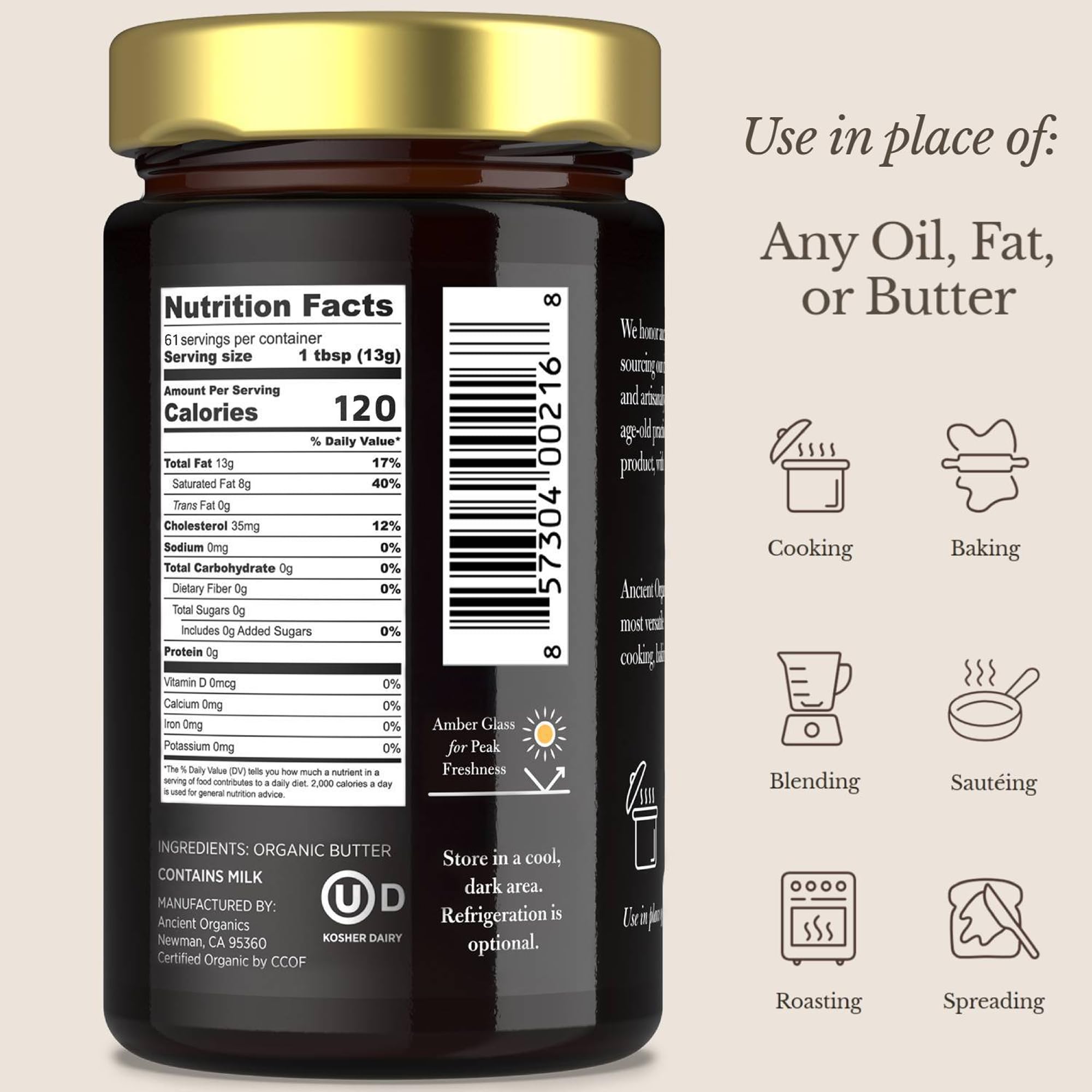 Ancient Organics open jar revealing golden ghee texture and rich cooking fat