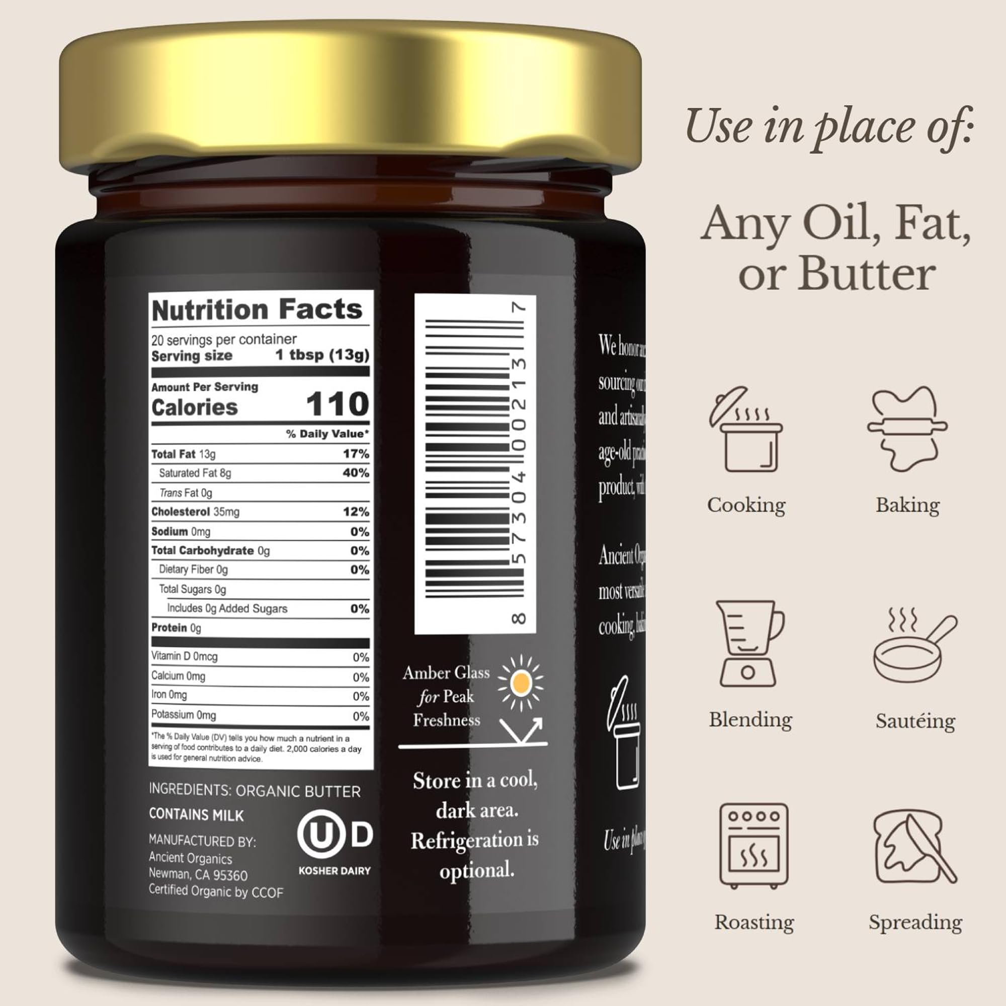 Ancient Organics ghee jar open with spoon demonstrating easy scoopability