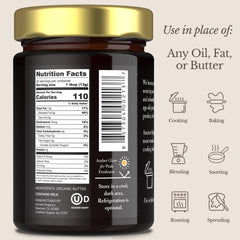 Ancient Organics ghee jar open with spoon demonstrating easy scoopability