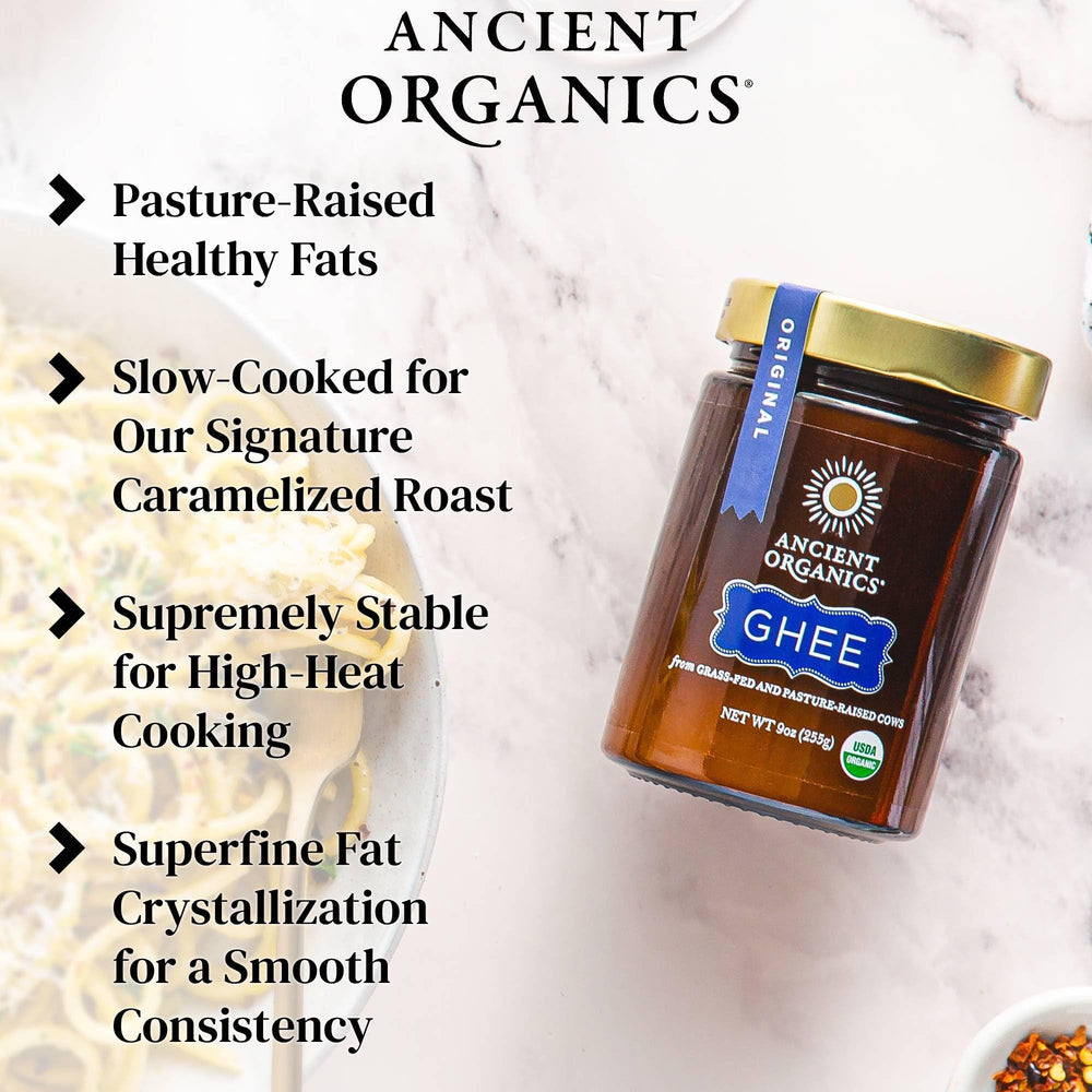 Ancient Organics ghee label with USDA Organic and Kosher certifications for trust