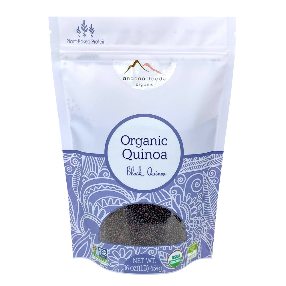 Andean Foods black quinoa front packaging showing organic badge and weight