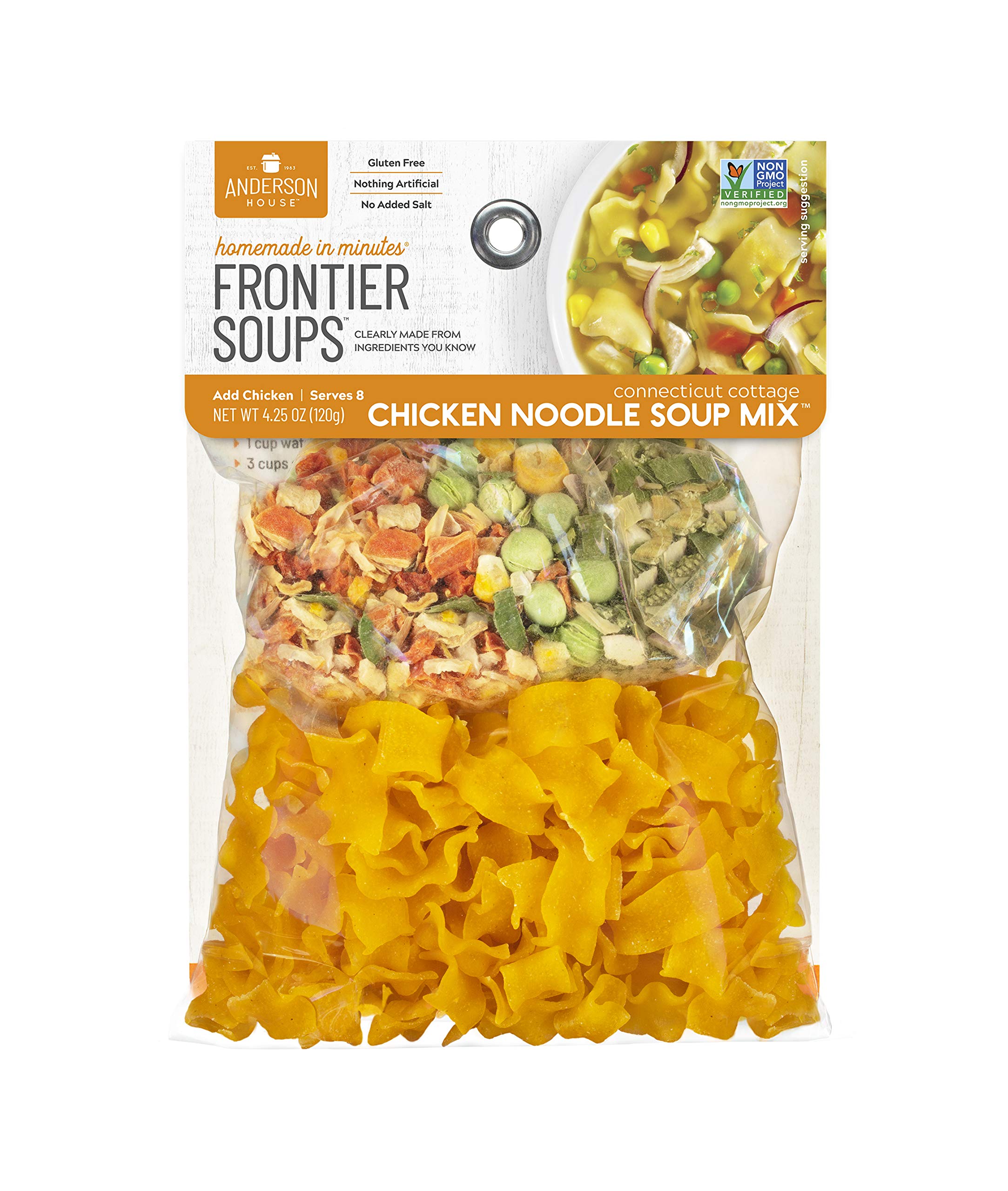 Anderson House Frontier Soups front packaging showing product name and two-pack benefit