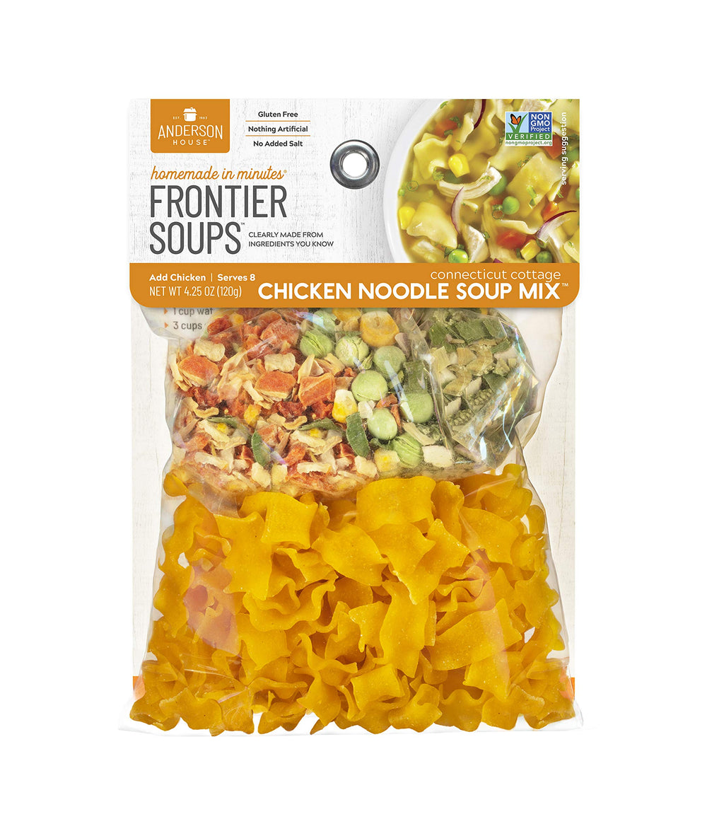 Anderson House Frontier Soups front packaging showing product name and two-pack benefit