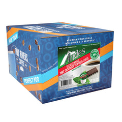 Andes pod in Keurig brewer mid-brew demonstrating quick convenient use