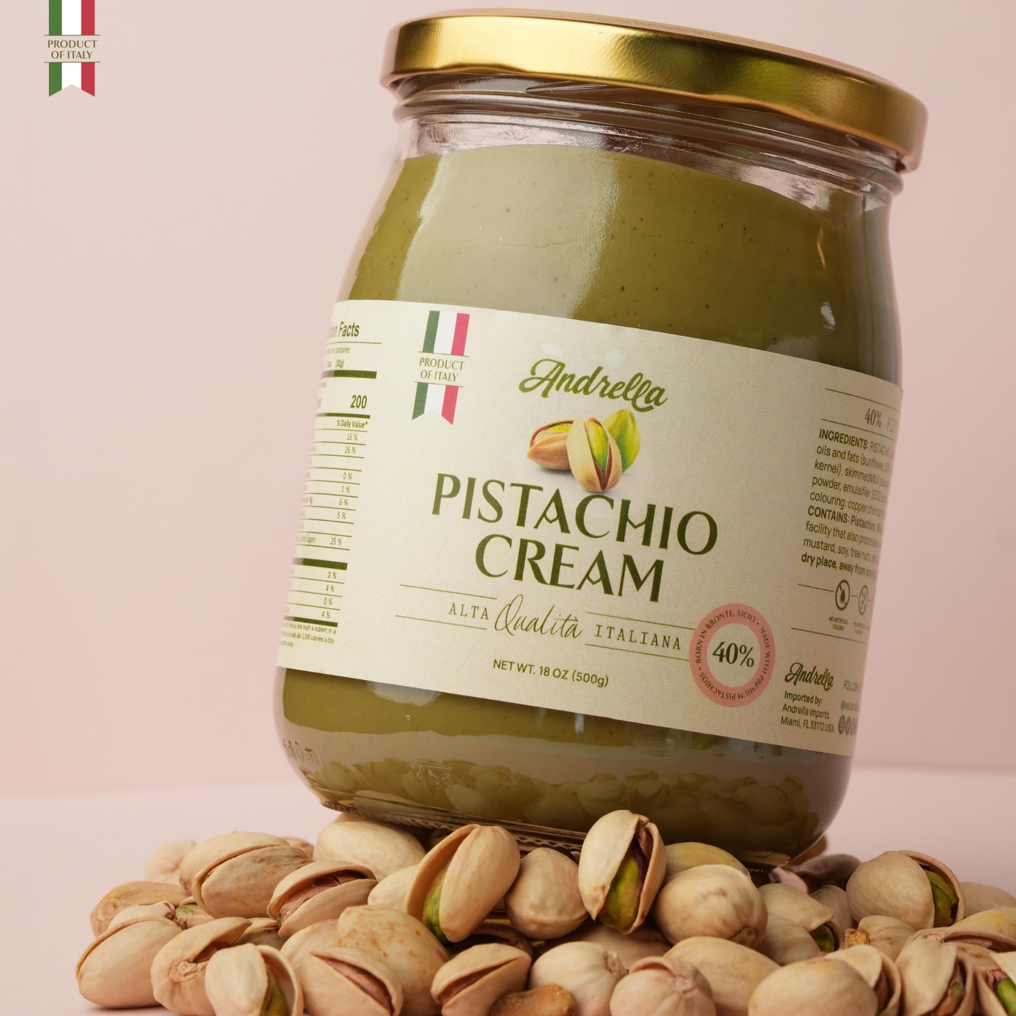 Andrella jar label close-up emphasizing Bronte Italy origin and authenticity
