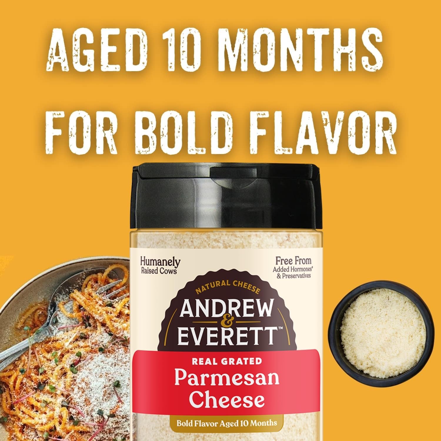 Andrew & Everett close-up of grated Parmesan texture highlighting fresh, aged flavor
