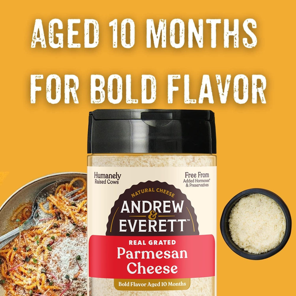 Andrew & Everett close-up of grated Parmesan texture highlighting fresh, aged flavor