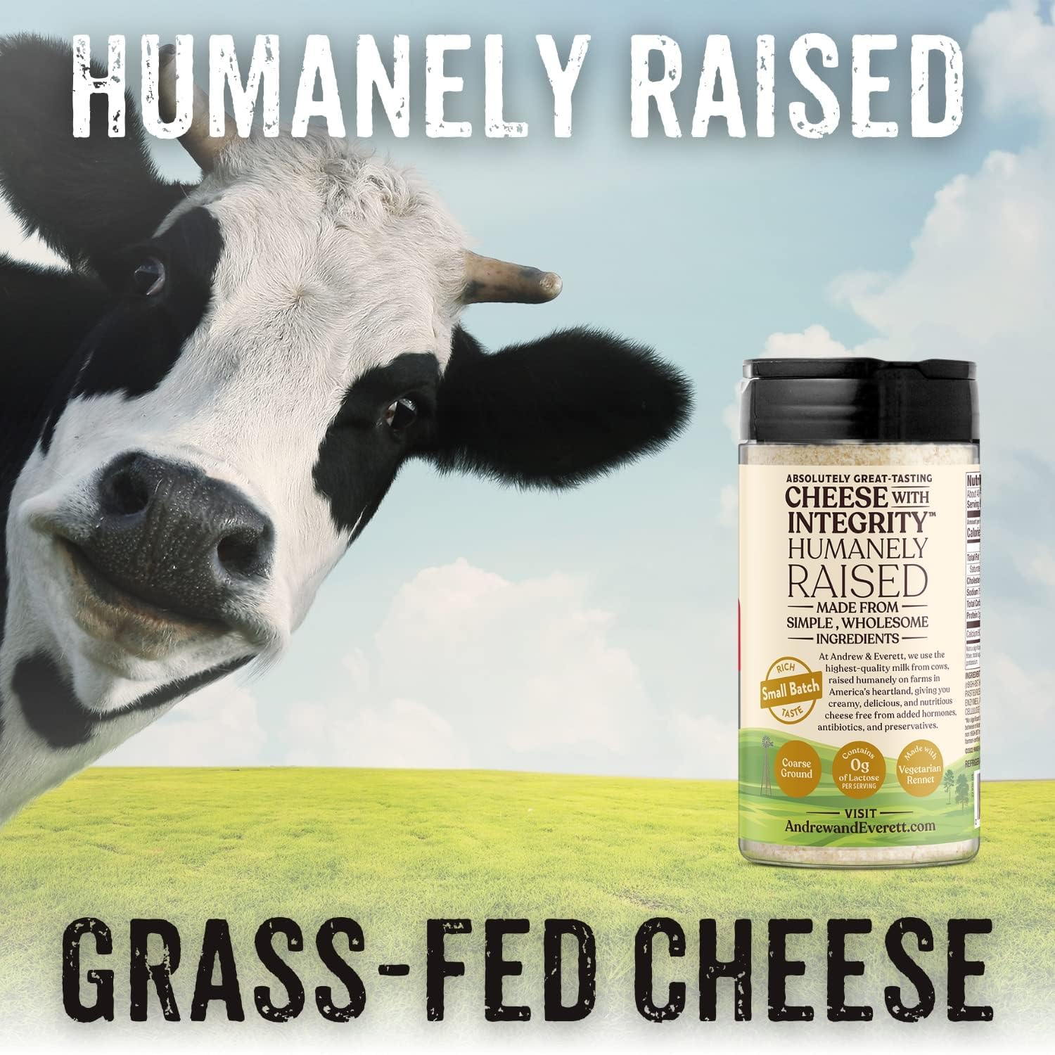 Andrew & Everett label with farm-to-table claims emphasizing traceable, hormone-free milk