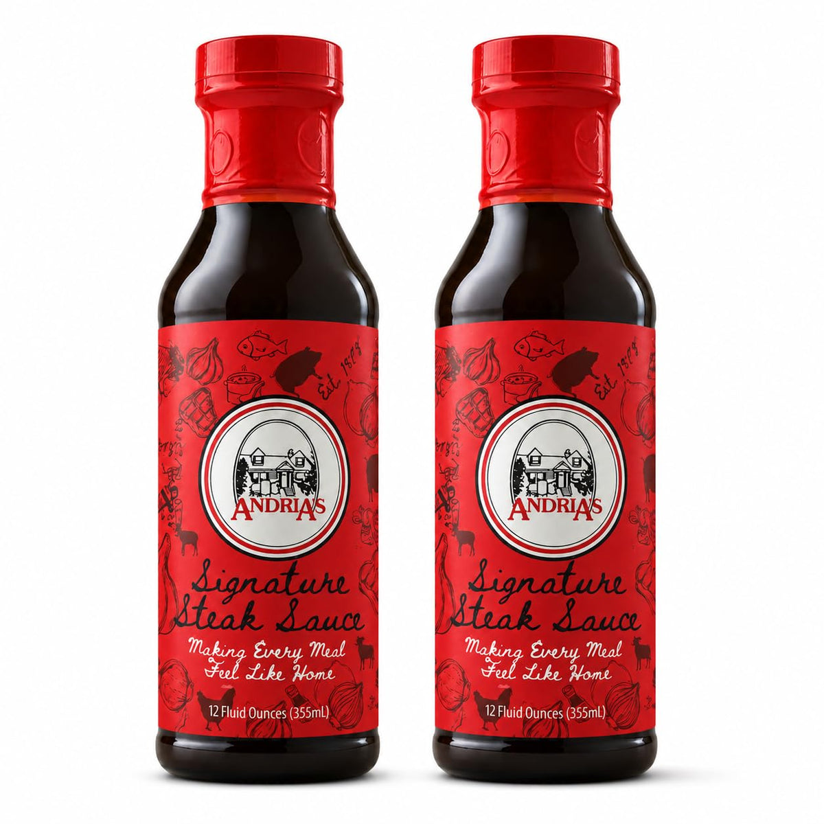 Andria's front packaging showing two bottles and bold steakhouse flavor