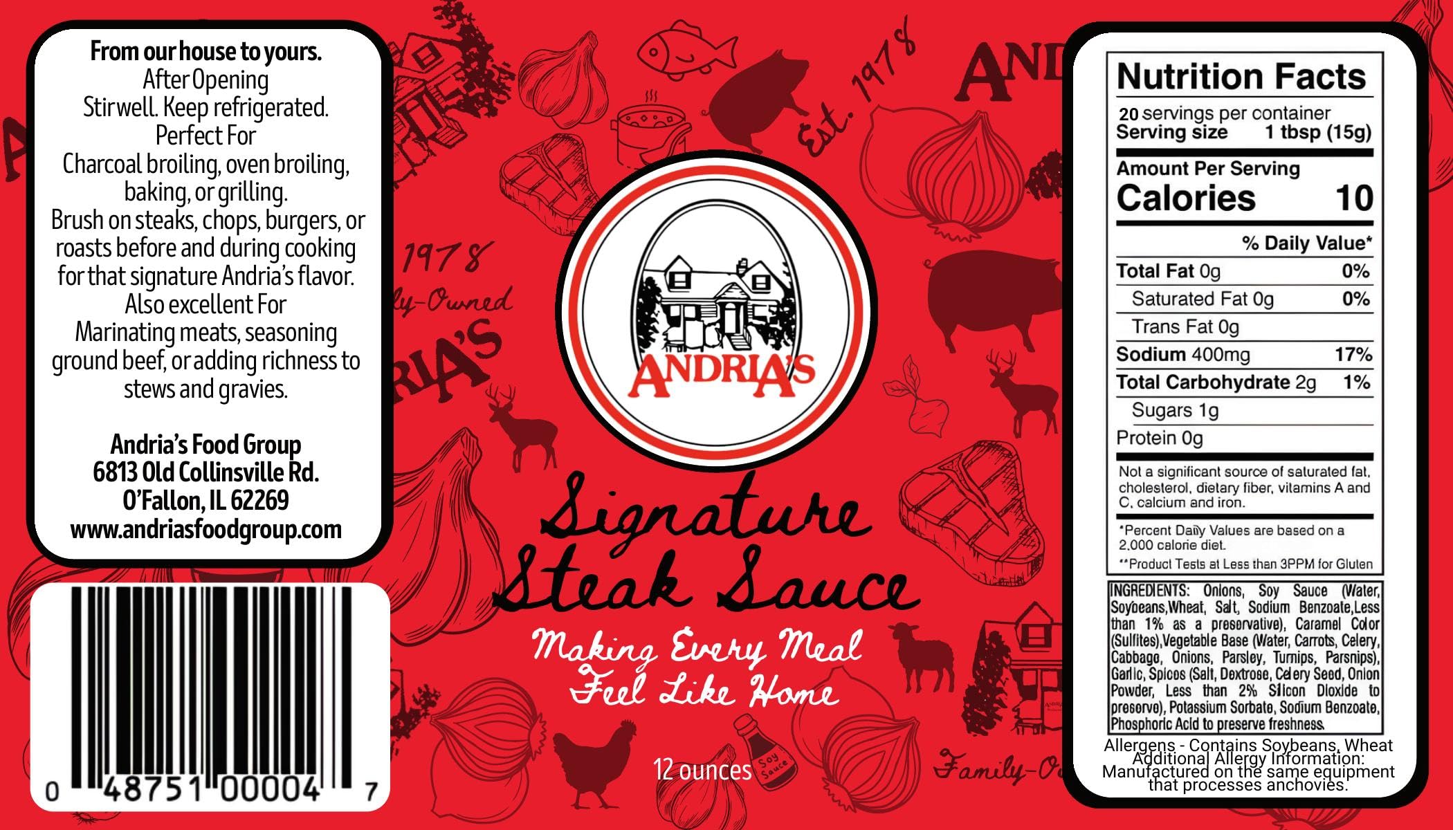 Andria's label close-up highlighting ingredients and family recipe benefit