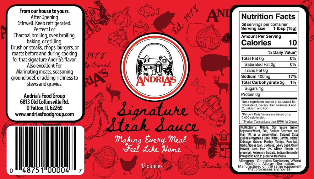 Andria's label close-up highlighting ingredients and family recipe benefit