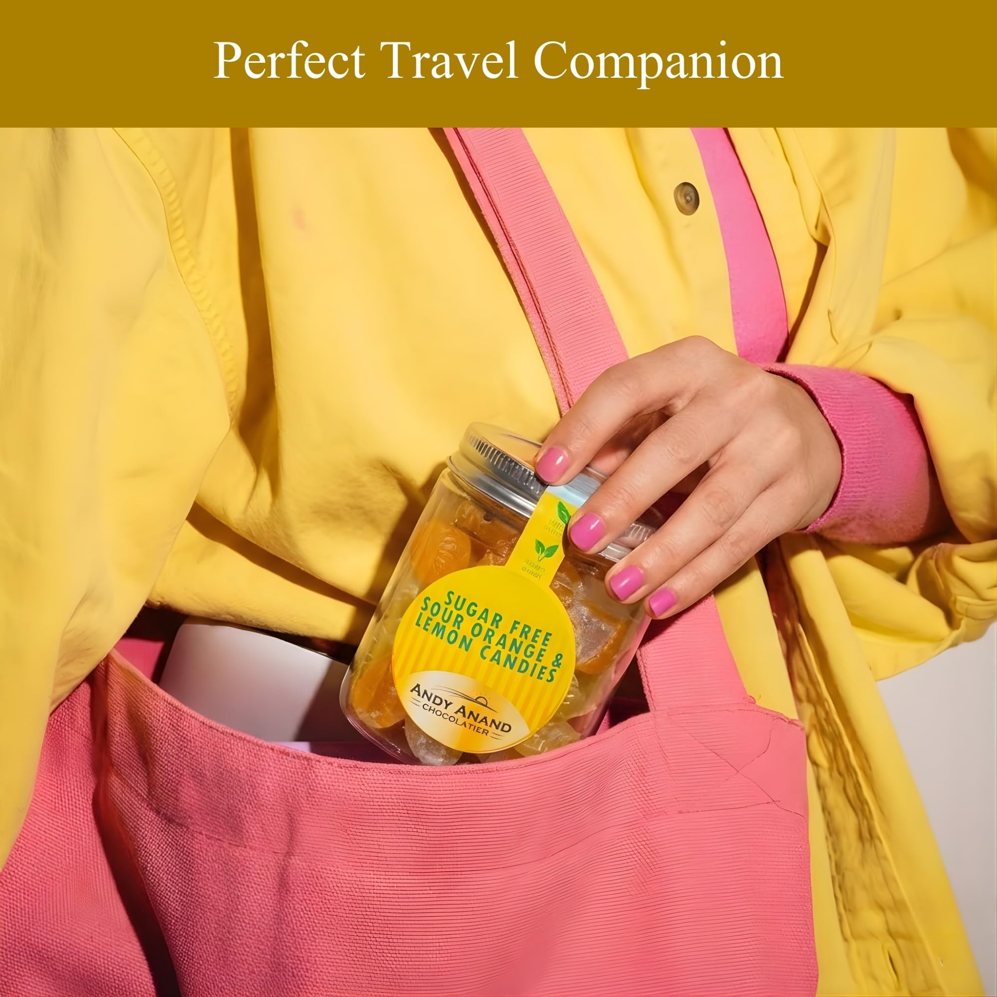 ANDY ANAND bag next to a hand for scale, demonstrates 7-ounce size and travel-friendly portioning