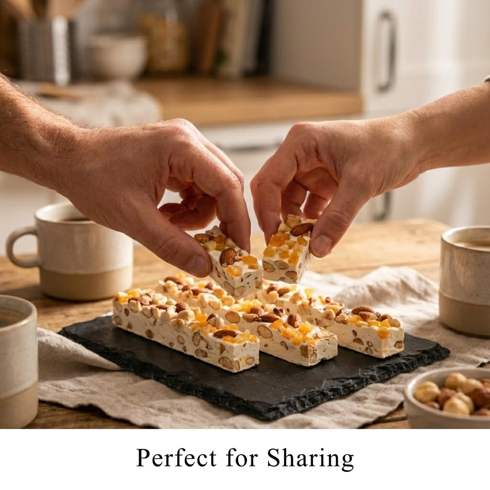 Andy Anand sliced turrón texture detail demonstrating soft, sliceable honey nougat