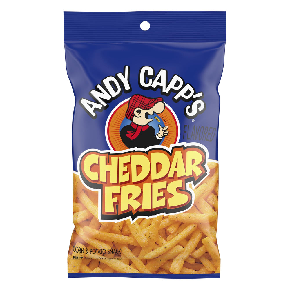 Andy Capp's front packaging showing 3 oz bag and bright cheddar branding for quick recognition