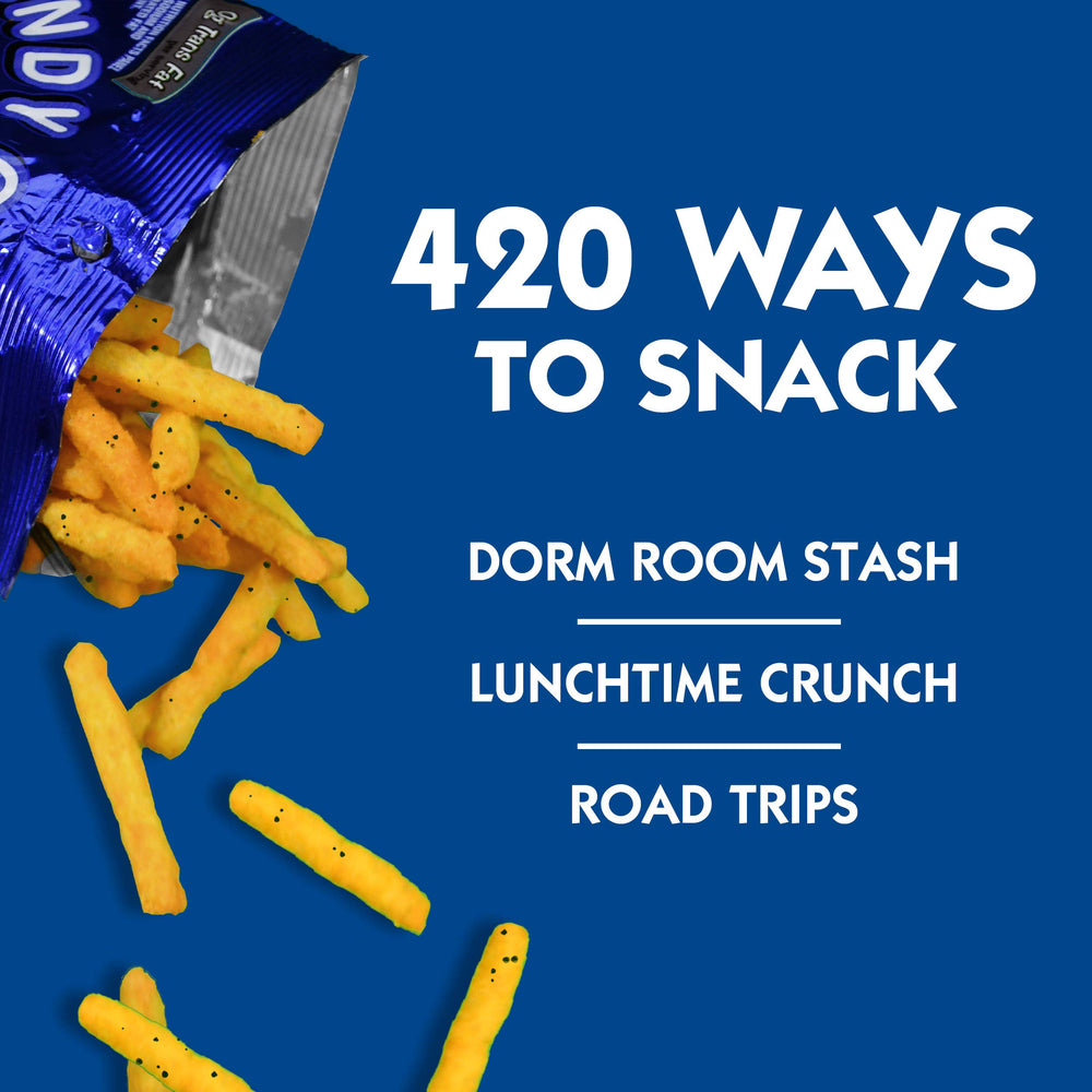 Andy Capp's fries in hand to show bag size and portability for on-the-go snacking