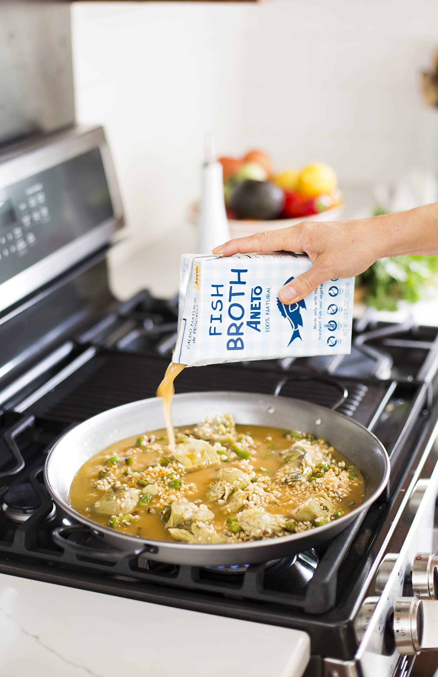 Carton side label of Aneto fish broth showing ingredient and origin details