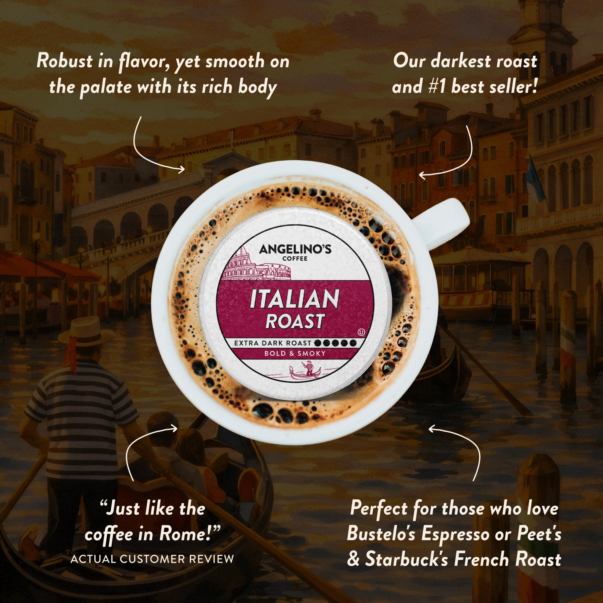 Angelino's Coffee brewed cup with dark crema highlighting rich flavor