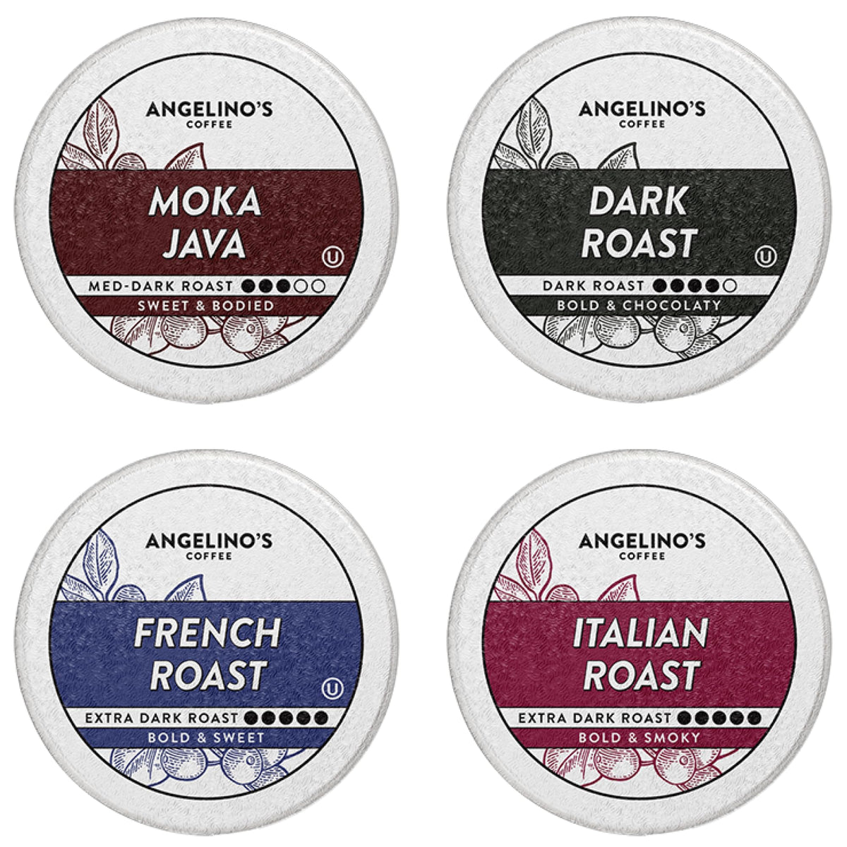 Angelino's Coffee box front showing 96-count and bold roast benefits