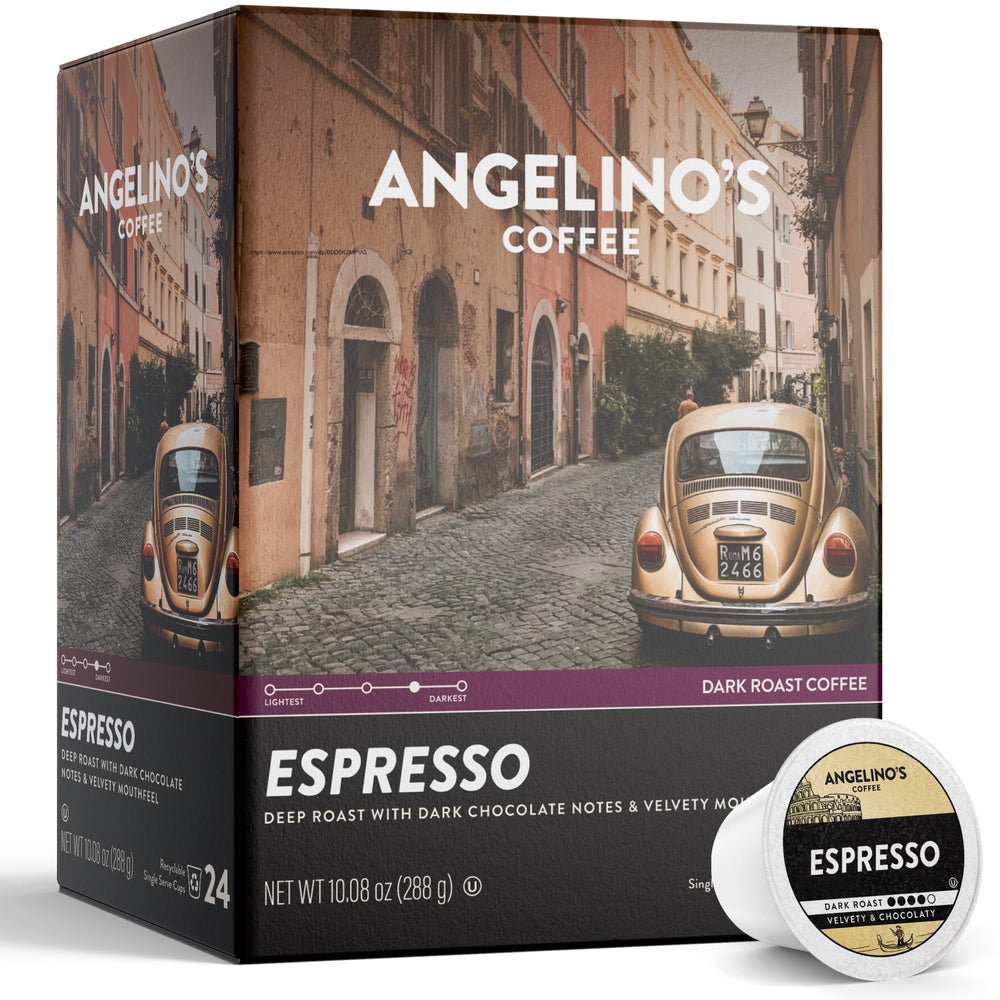 Angelino's Coffee box front view showing 24-count pods and bold roast benefits