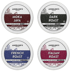 Angelino's Coffee box front showing 96-count and bold roast benefits