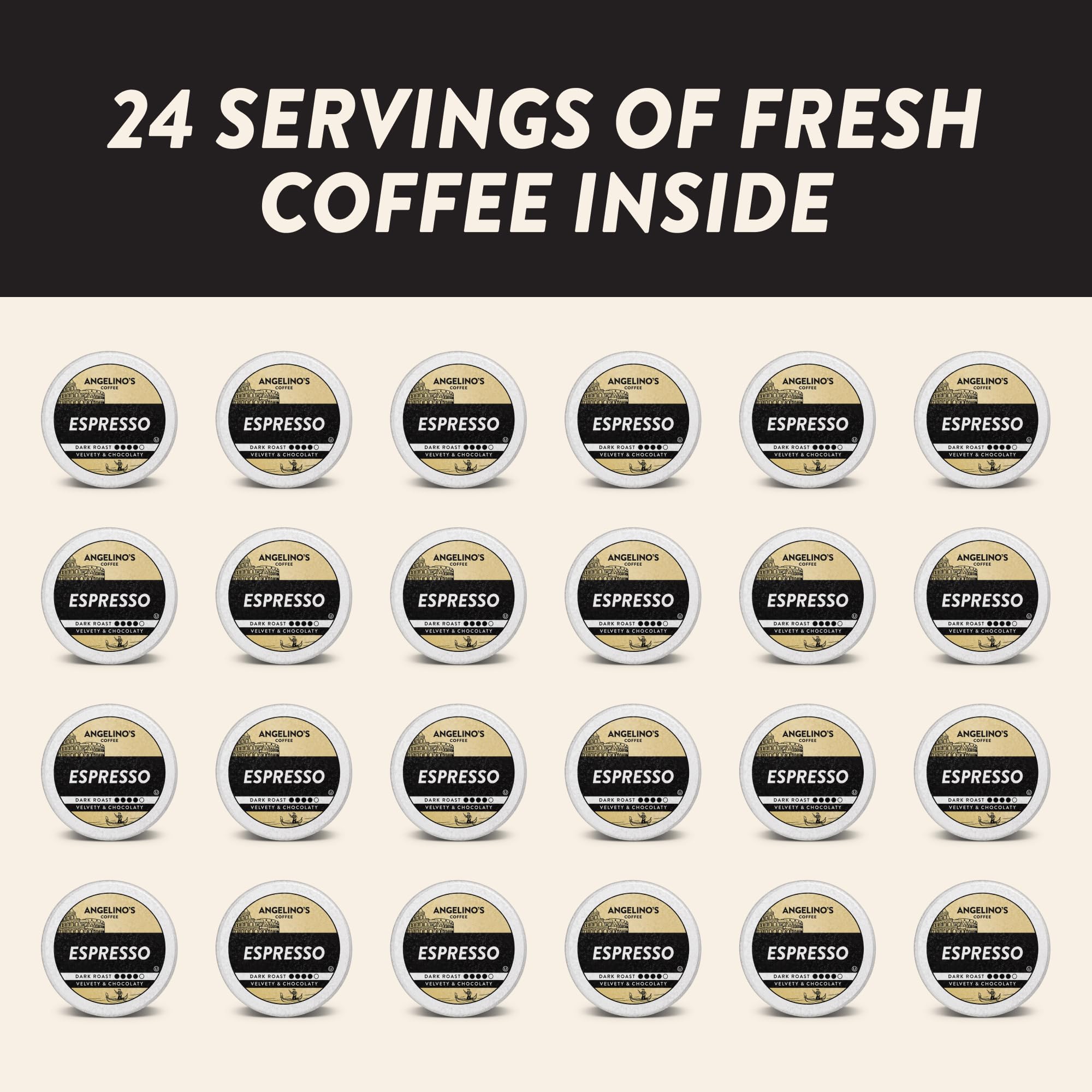 Angelino's Coffee pods spread with a ruler showing single-serve scale and convenience